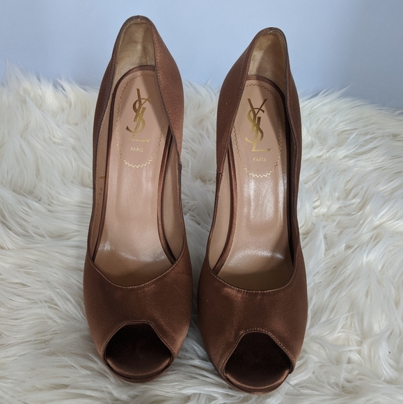 Brown Satin YSL Saint Laurent Peep Toe Heels Sz 40 - Picture 3 of 8